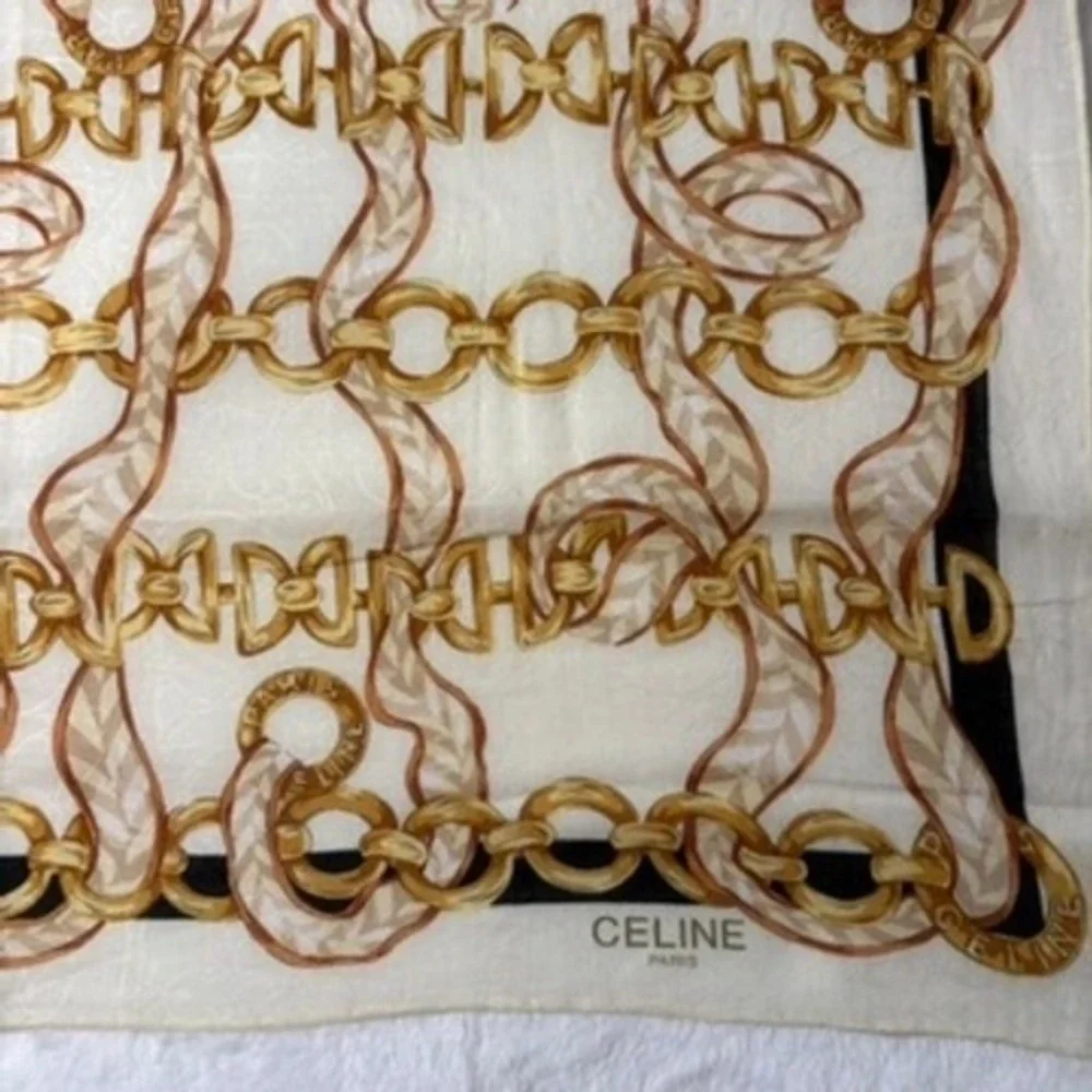 Vtg CELINE Scarf Handkerchief Chain Link Ribbon Cream Gold Black 20